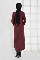 Tesettür giyim BORDO BELİ BÜZGÜLÜ EKOSE DESENLİ ELBİSE 5355