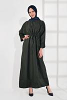 Tesettür giyim HAKİ BELİ BÜZGÜLÜ ÇİZGİLİ ELBİSE 5904
