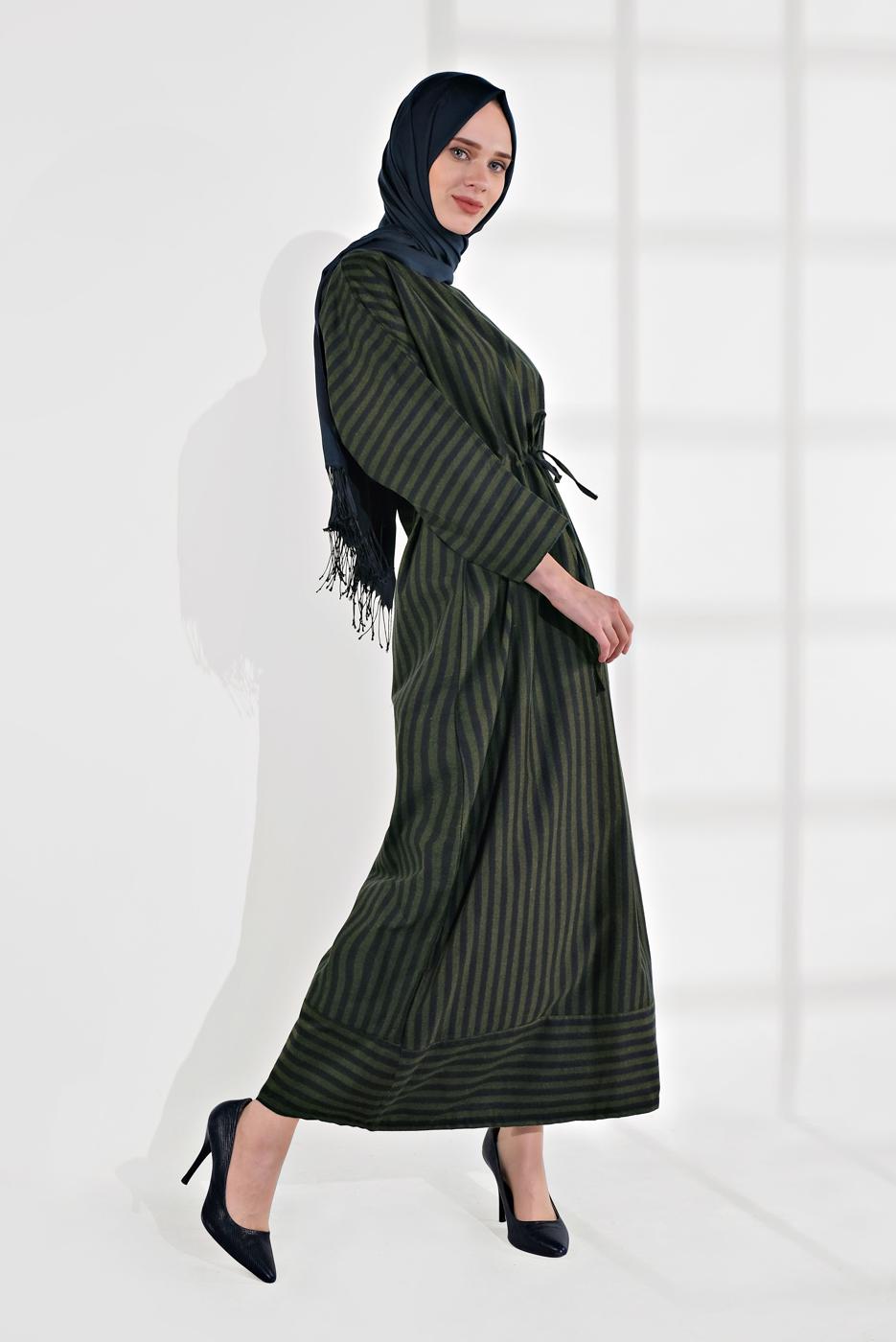 Vêtements hijab KAKI ROBE RAYÉE TAILLE À SMOCKS 5904