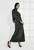 Tesettür giyim HAKİ BELİ BÜZGÜLÜ ÇİZGİLİ ELBİSE 5904