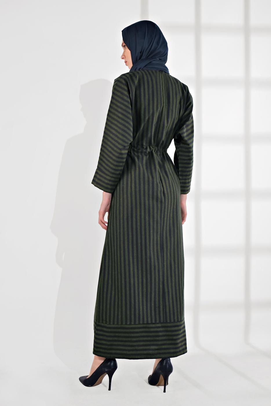 Vêtements hijab KAKI ROBE RAYÉE TAILLE À SMOCKS 5904