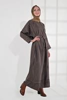 Tesettür giyim VİZON BELİ BÜZGÜLÜ ÇİZGİLİ ELBİSE 5904