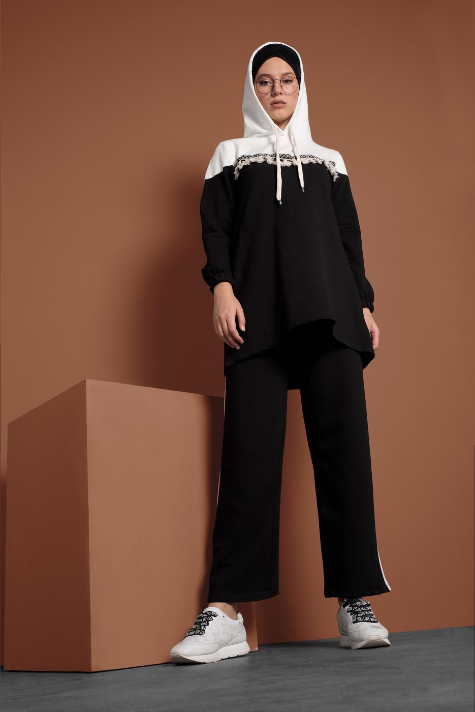 Tesettür giyim SİYAH NAKIŞLI PÜSKÜL DETAYLI  İKİLİ PANTOLON TAKIM  9655