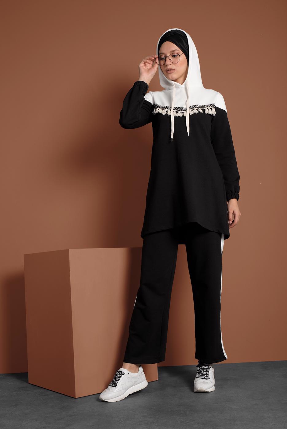 Tesettür giyim SİYAH NAKIŞLI PÜSKÜL DETAYLI  İKİLİ PANTOLON TAKIM  9655