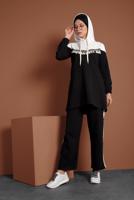 Tesettür giyim SİYAH NAKIŞLI PÜSKÜL DETAYLI  İKİLİ PANTOLON TAKIM  9655