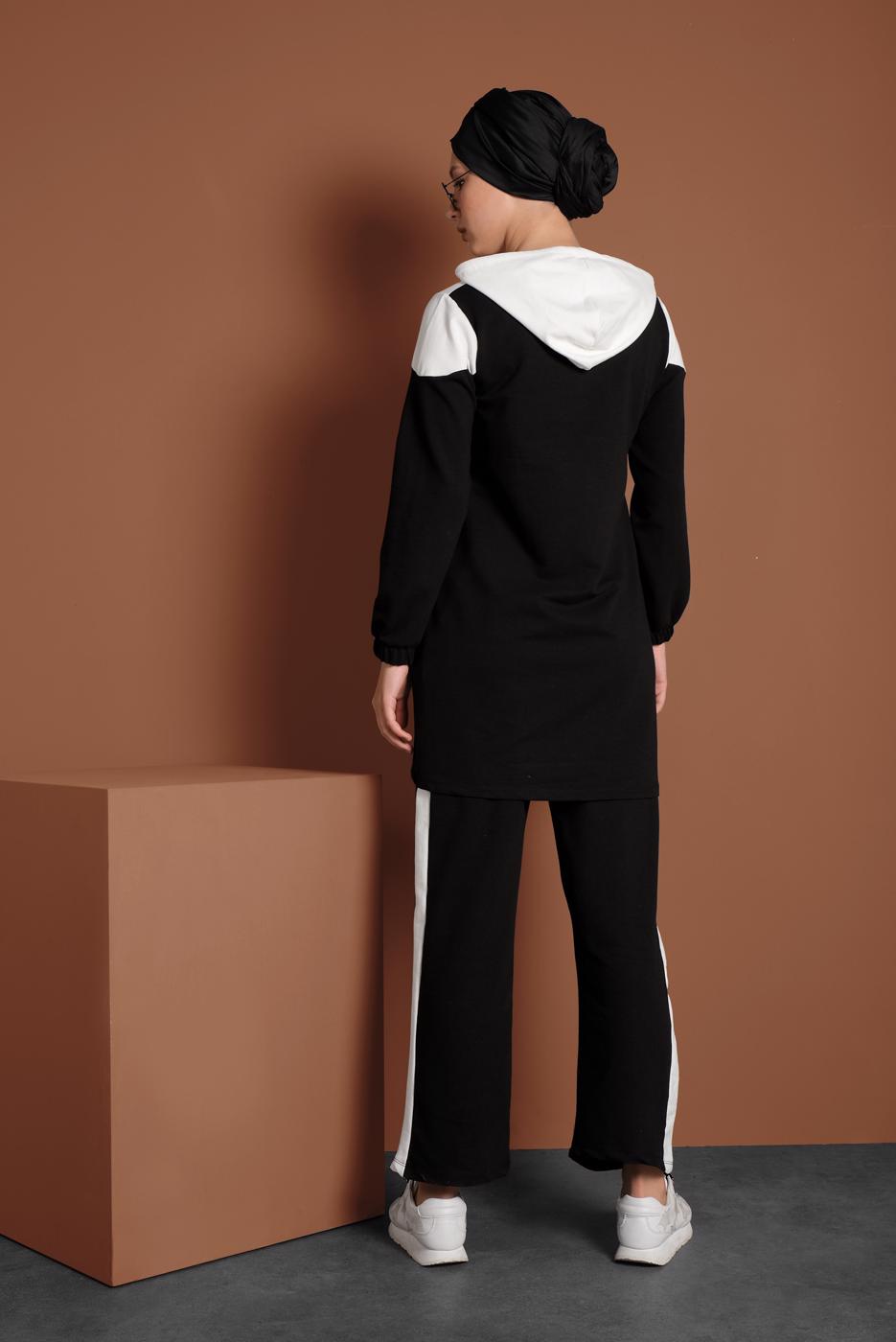 Tesettür giyim SİYAH NAKIŞLI PÜSKÜL DETAYLI  İKİLİ PANTOLON TAKIM  9655