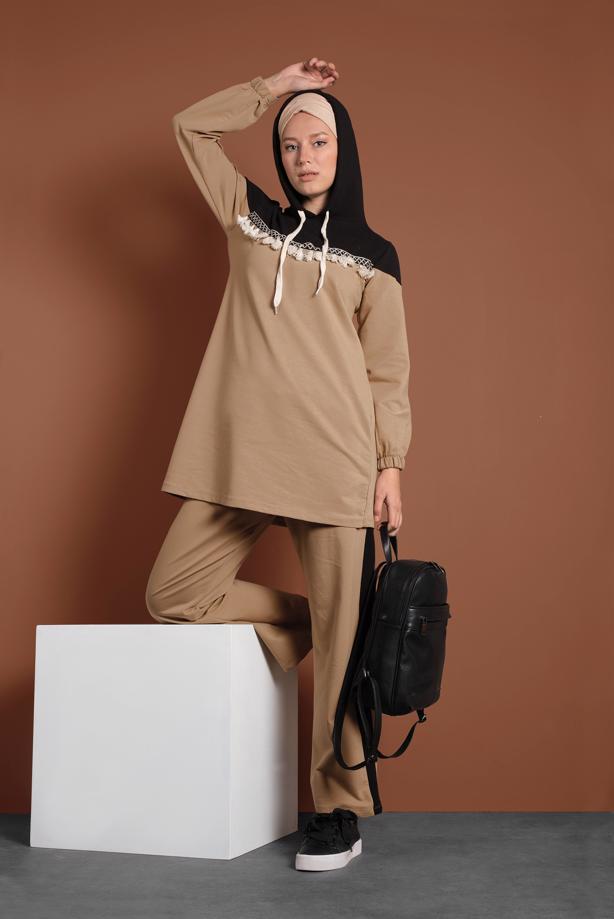 Hijab clothing BROWN EMBROIDERED FRINGE DETAILED TRACKSUIT 9655 - TRENDTESETTÜR