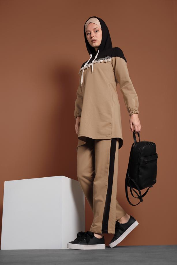 Hijab clothing BROWN EMBROIDERED FRINGE DETAILED TRACKSUIT 9655 - TRENDTESETTÜR