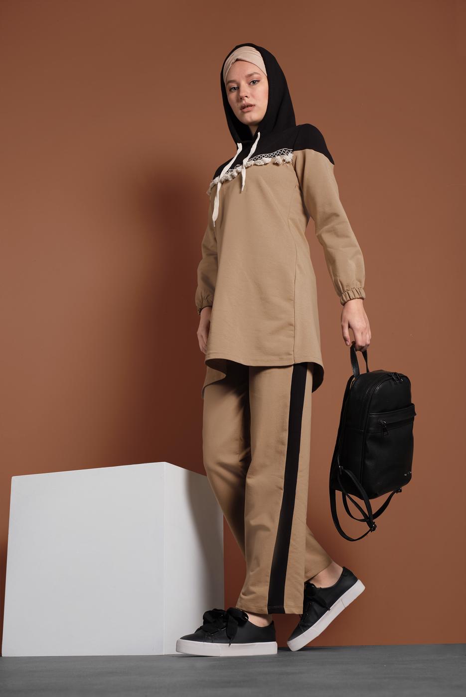 Tesettür giyim KAHVE NAKIŞLI PÜSKÜL DETAYLI  2′Lİ PANTOLON TAKIM  9655