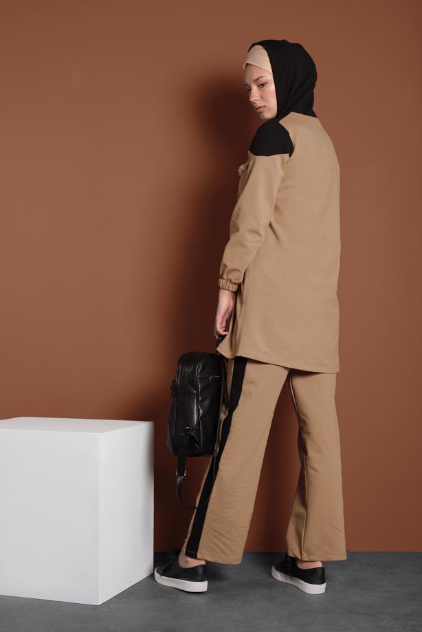 Hijab clothing BROWN EMBROIDERED FRINGE DETAILED TRACKSUIT 9655 - TRENDTESETTÜR