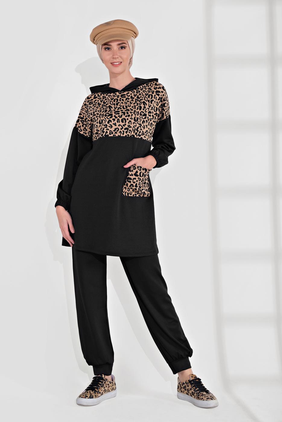 Tesettür giyim SİYAH LEOPAR DESENLİ 2′Lİ EŞOFMAN TAKIM 9855