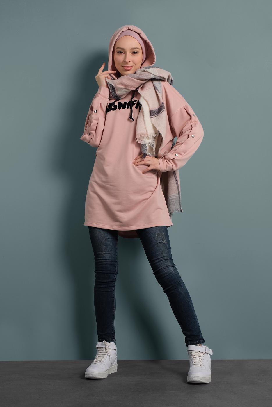 Tesettür giyim PUDRA YAZI DETAYLI EŞOFMAN TUNİK 277