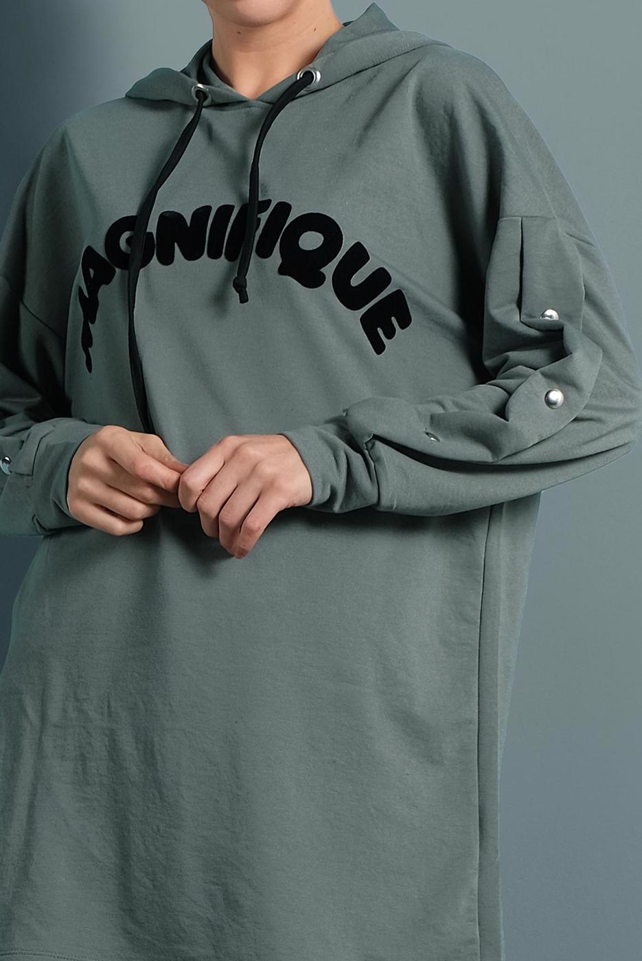 Tesettür giyim YEŞİL YAZI DETAYLI EŞOFMAN TUNİK 277