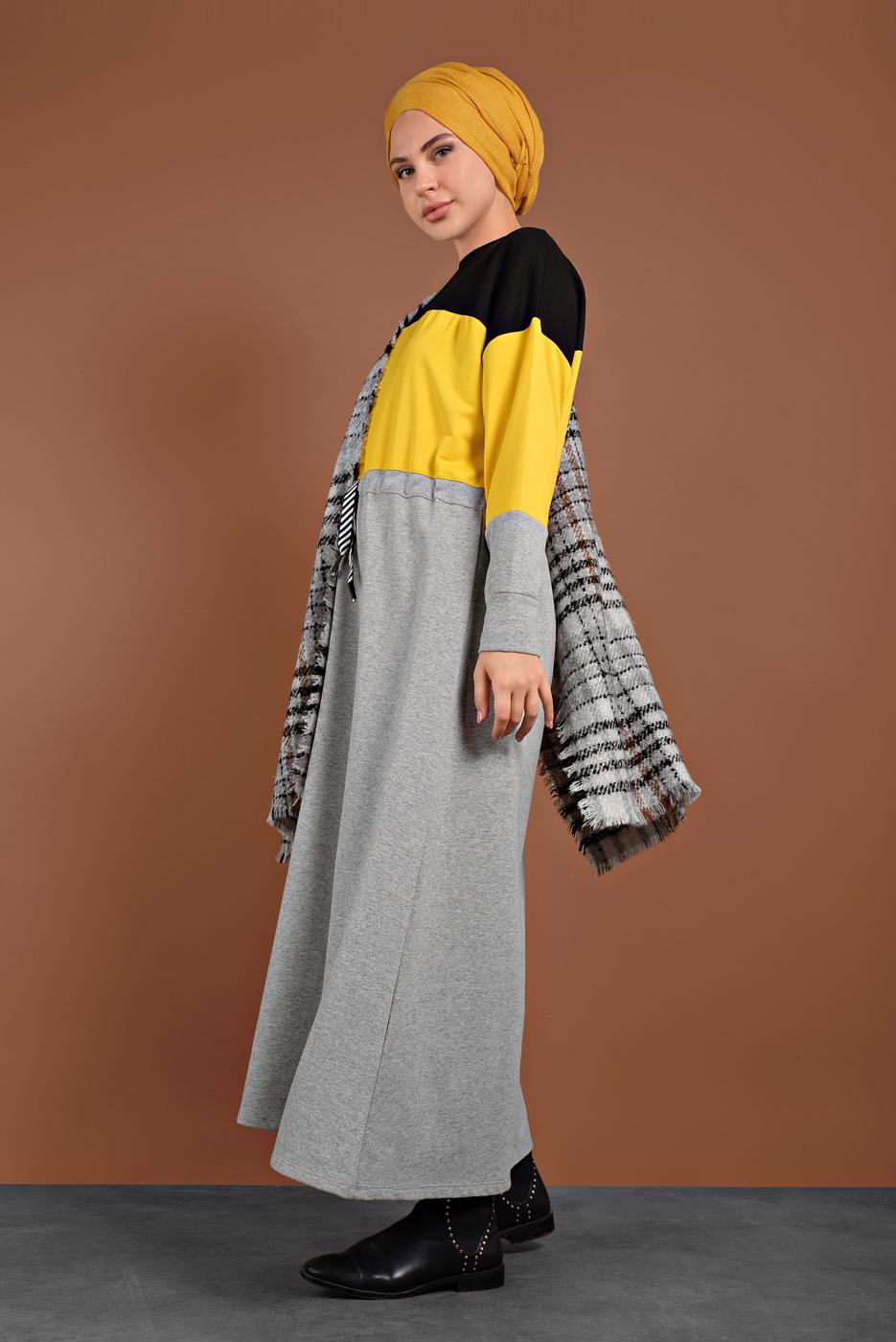 Tesettür giyim SARI BELDEN BÜZGÜLÜ EŞOFMAN ELBİSE 287