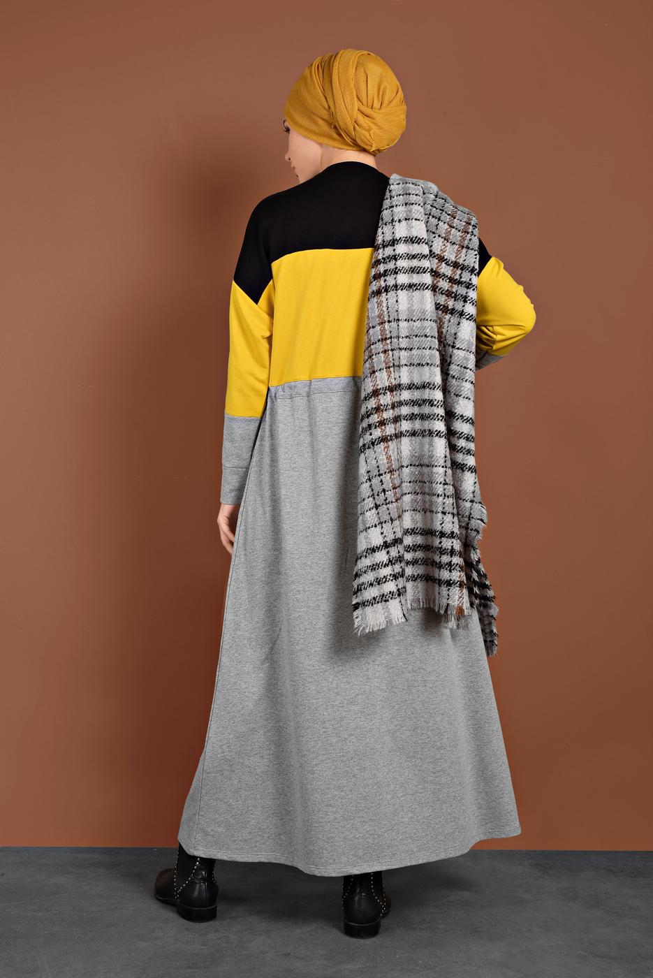 Tesettür giyim SARI BELDEN BÜZGÜLÜ EŞOFMAN ELBİSE 287