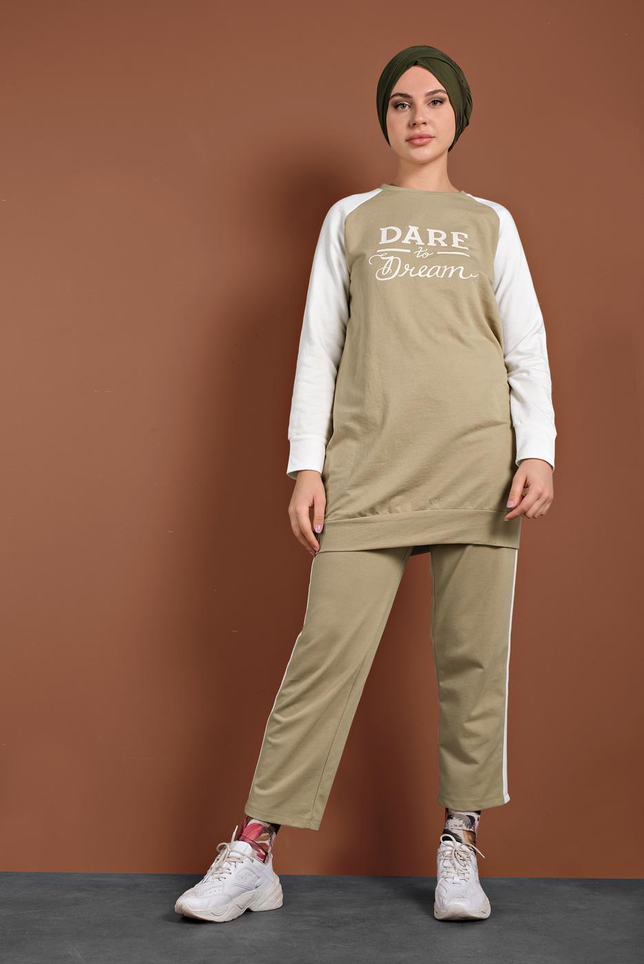 Hijab clothing BEIGE SPORT SUIT WITH TEXT 347 