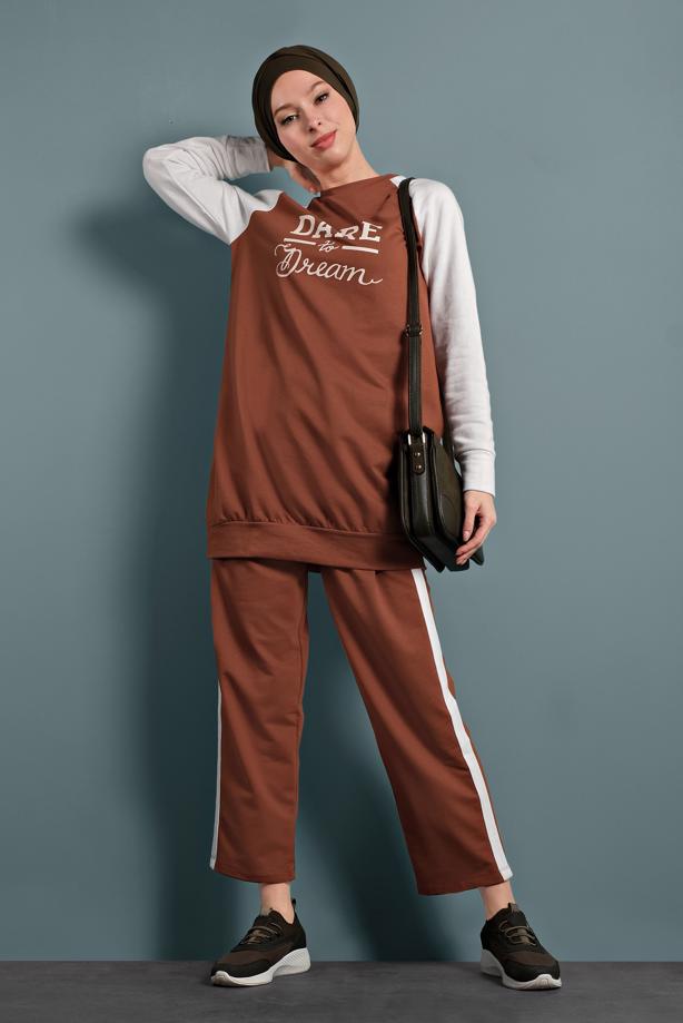 Hijab clothing BROWN SPORT SUIT WITH TEXT 347  - TRENDTESETTÜR