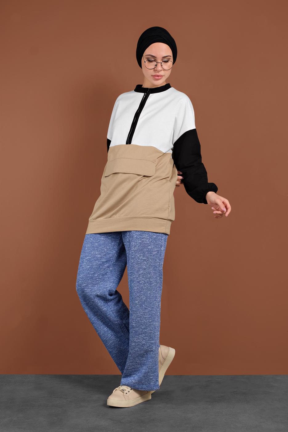 Tesettür giyim BEJ FERMUARLI EŞOFMAN TUNİK 737