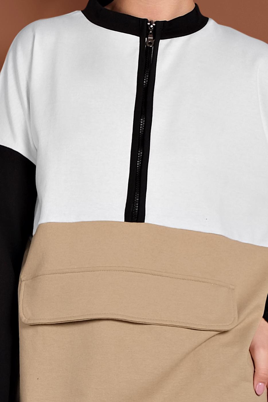 Tesettür giyim BEJ FERMUARLI EŞOFMAN TUNİK 737