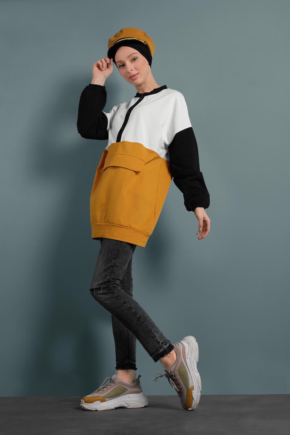 Tesettür giyim TURUNCU FERMUARLI EŞOFMAN TUNİK 737