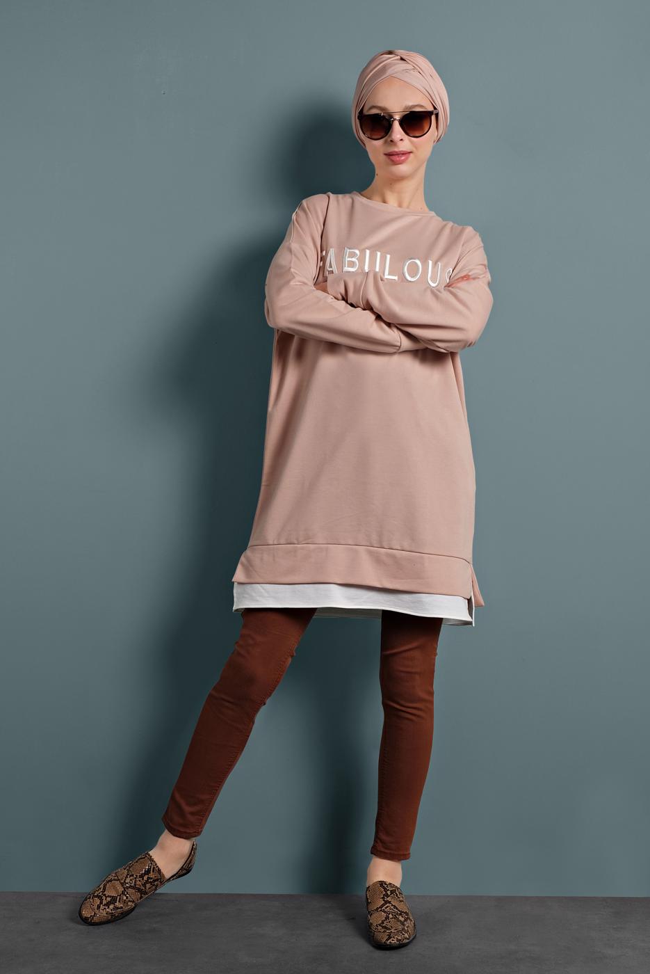 Tesettür giyim PUDRA YAZILI EŞOFMAN TUNİK 877