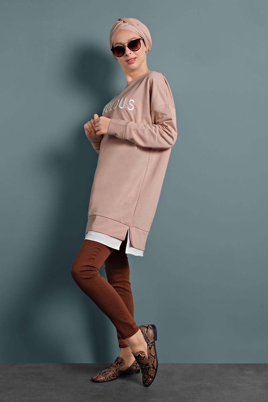Tesettür giyim PUDRA YAZILI EŞOFMAN TUNİK 877