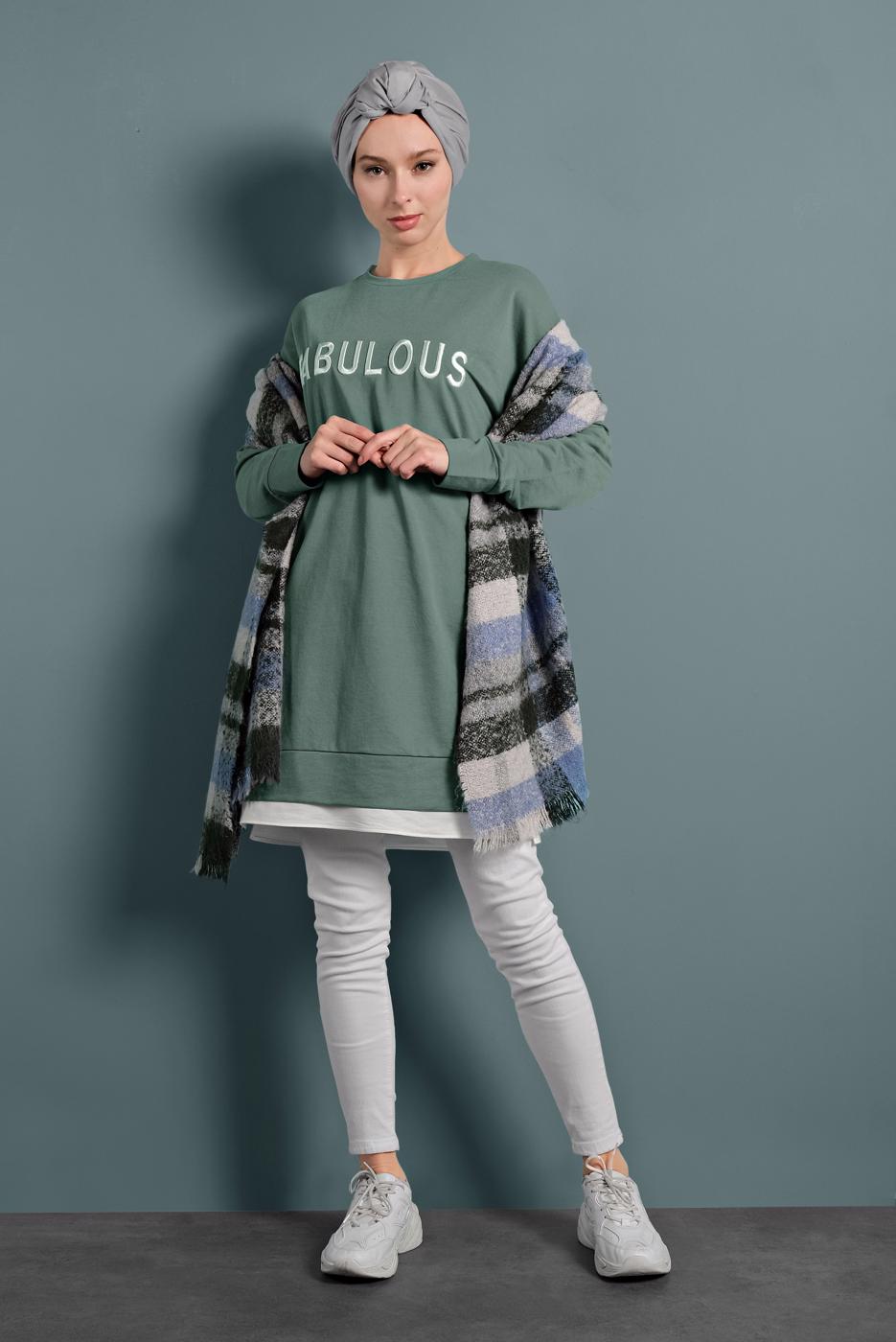 Tesettür giyim YEŞİL YAZILI EŞOFMAN TUNİK 877