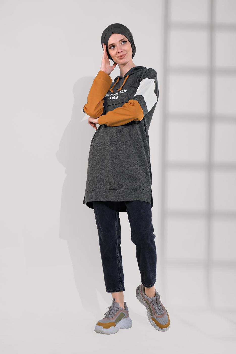 Tesettür giyim GRİ YAZI BASKILI PAMUKLU EŞOFMAN TUNİK 1500