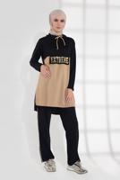 Tesettür giyim SİYAH YAKASI BAĞCIKLI İKİLİ PANTOLONLU EŞOFMAN TAKIM 3155 