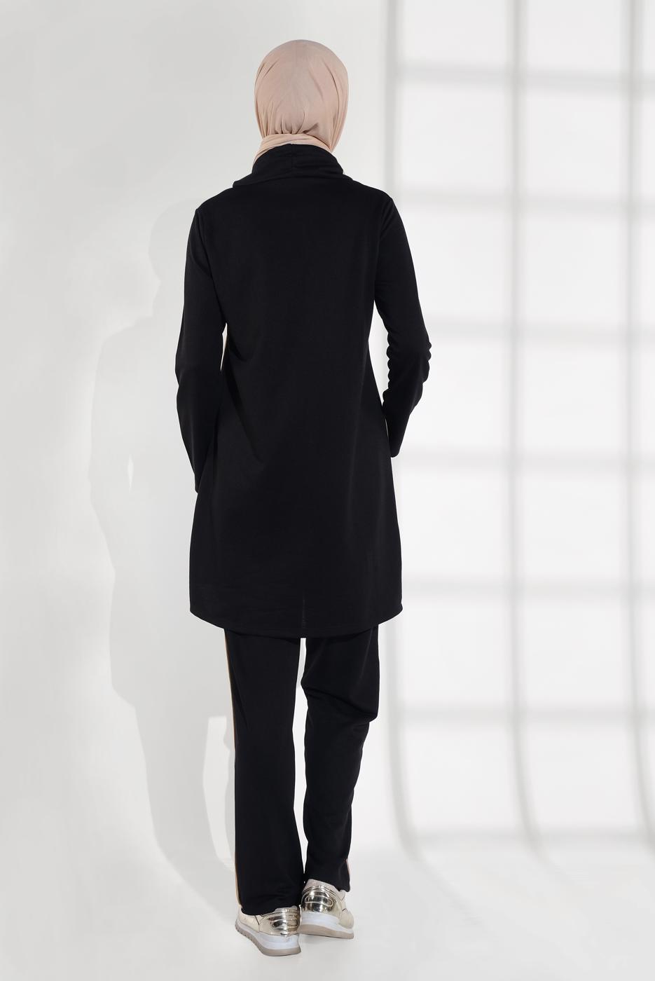 Tesettür giyim SİYAH YAKASI BAĞCIKLI İKİLİ PANTOLONLU EŞOFMAN TAKIM 3155 