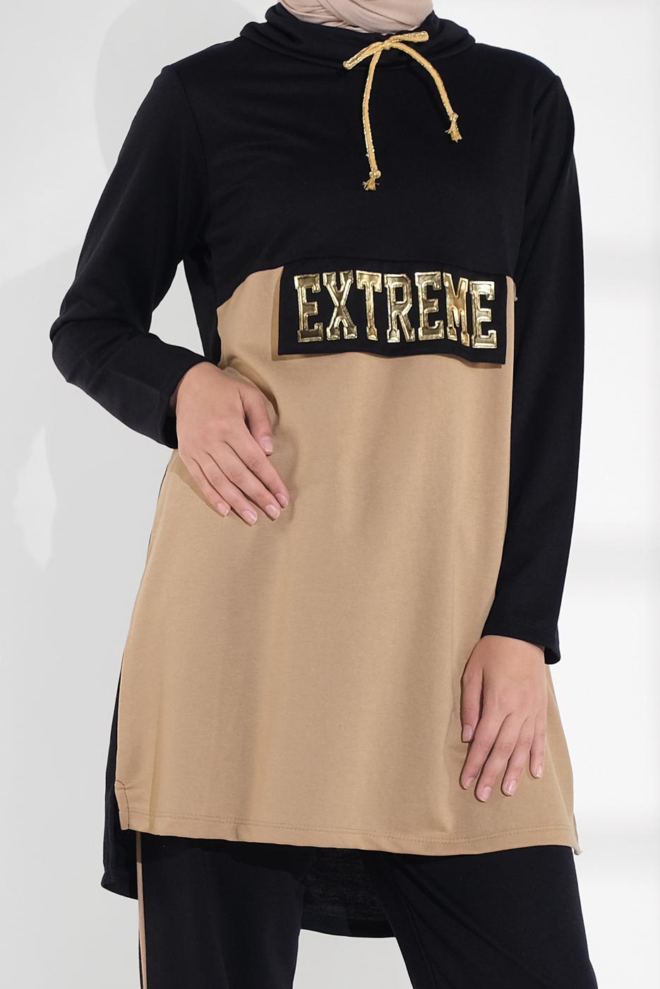 Tesettür giyim SİYAH YAKASI BAĞCIKLI İKİLİ PANTOLONLU EŞOFMAN TAKIM 3155 