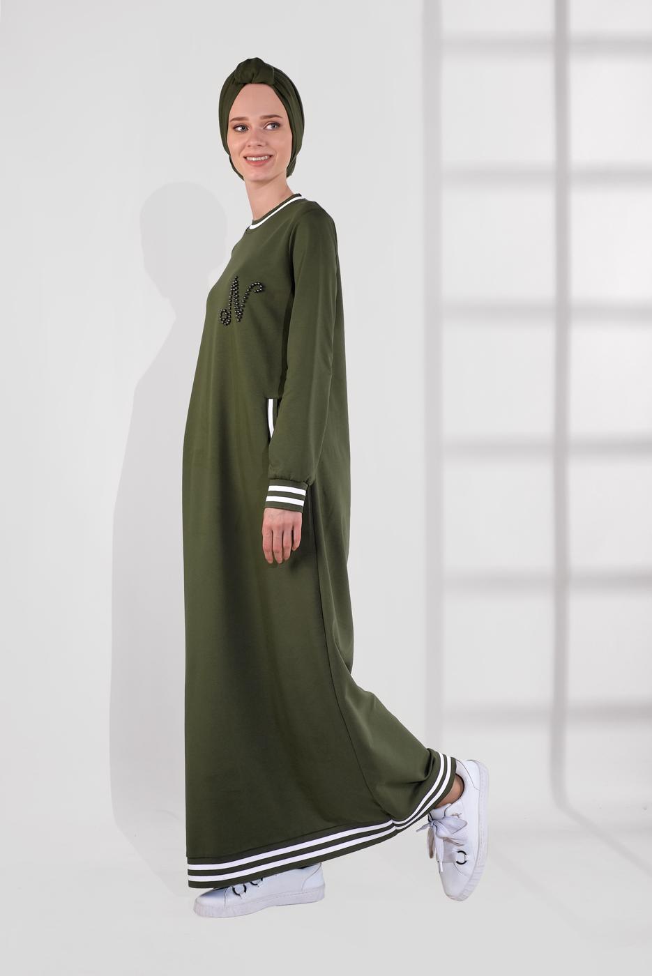 Vêtements hijab KAKI ROBE EN COTTON À PERLES 5113