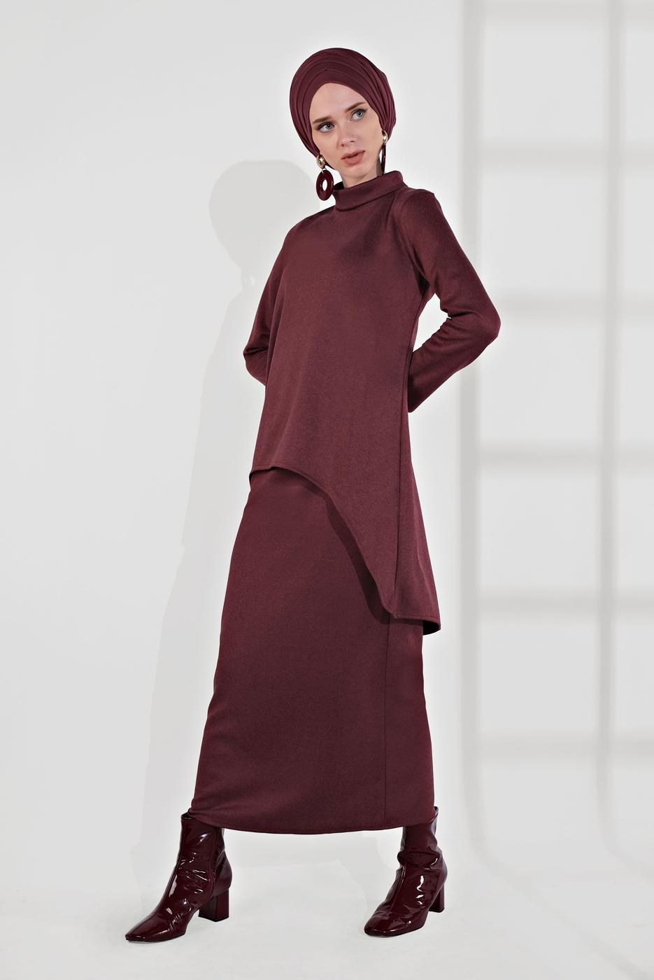 Hijab clothing CLARET RED SHAWL-COLLAR SKIRT SUIT 5705 