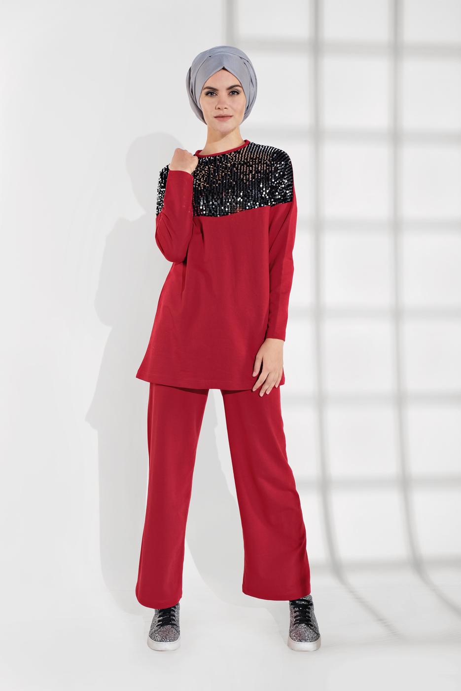 Tesettür giyim KIRMIZI PUL PAYETLİ EŞOFMAN TAKIMI 7202