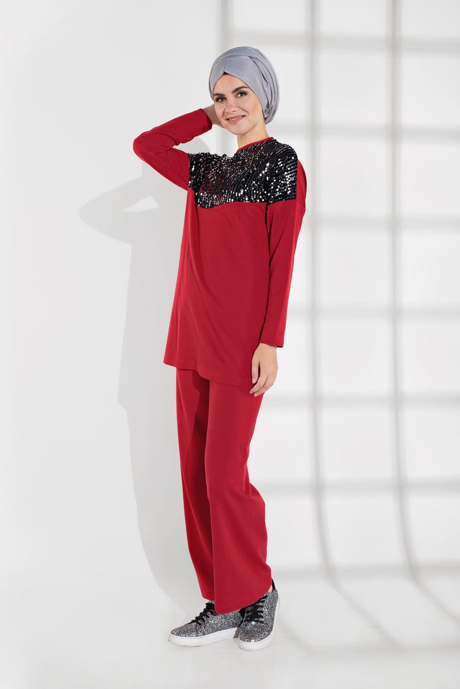 Tesettür giyim KIRMIZI PUL PAYETLİ EŞOFMAN TAKIMI 7202