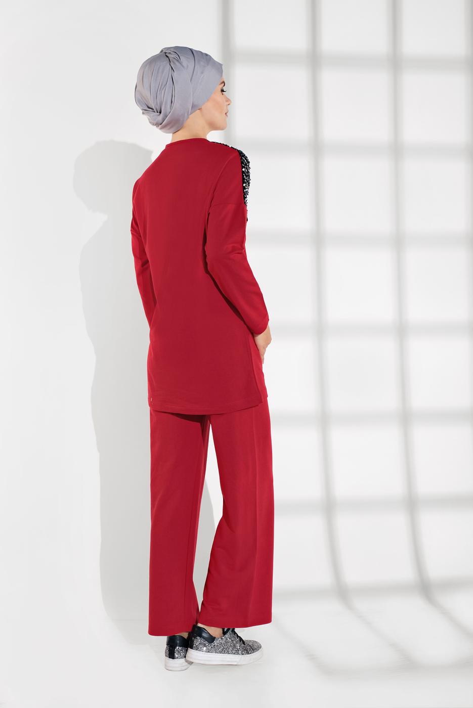 Tesettür giyim KIRMIZI PUL PAYETLİ EŞOFMAN TAKIMI 7202