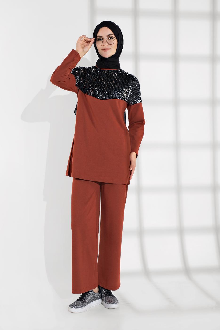 Tesettür giyim KAHVE PUL PAYETLİ EŞOFMAN TAKIMI 7202