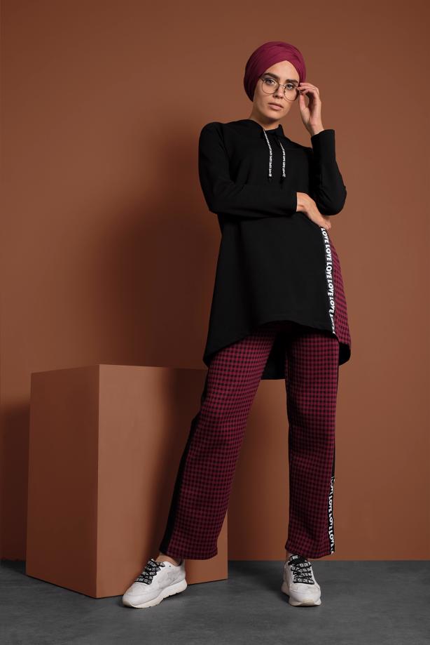 Hijab clothing BLACK PLAID STRIPPED TRACKSUIT 7355 - TRENDTESETTÜR