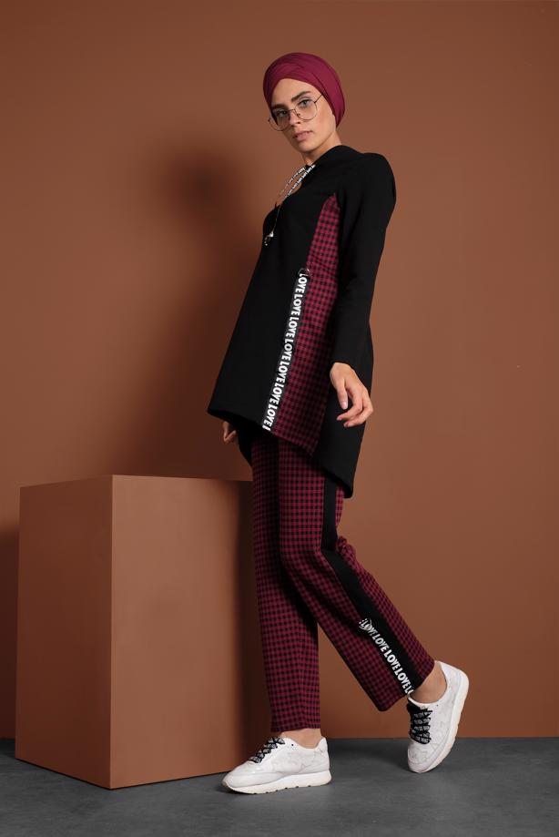 Hijab clothing BLACK PLAID STRIPPED TRACKSUIT 7355 - TRENDTESETTÜR