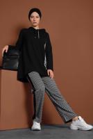 Tesettür giyim SİYAH EKOSELİ ŞERİT DETAYLI İKİLİ EŞOFMAN TAKIM 7355 