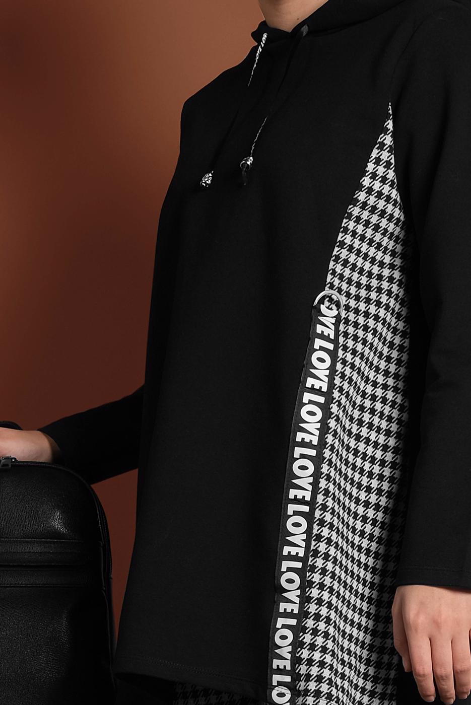 Tesettür giyim SİYAH EKOSELİ ŞERİT DETAYLI İKİLİ EŞOFMAN TAKIM 7355 