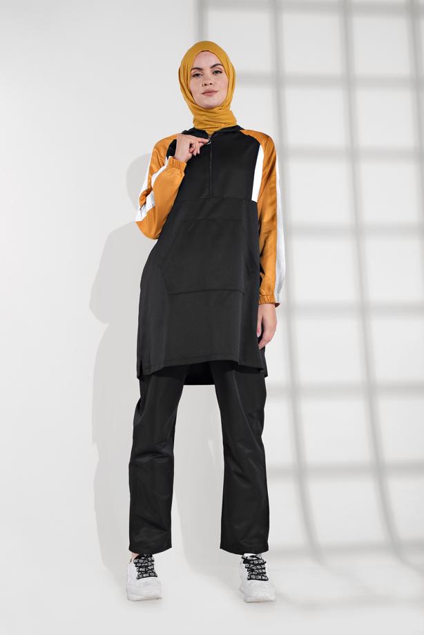 Hijab clothing BLACK STRIPPED HOODED TRACKSUIT 8709  - TRENDTESETTÜR