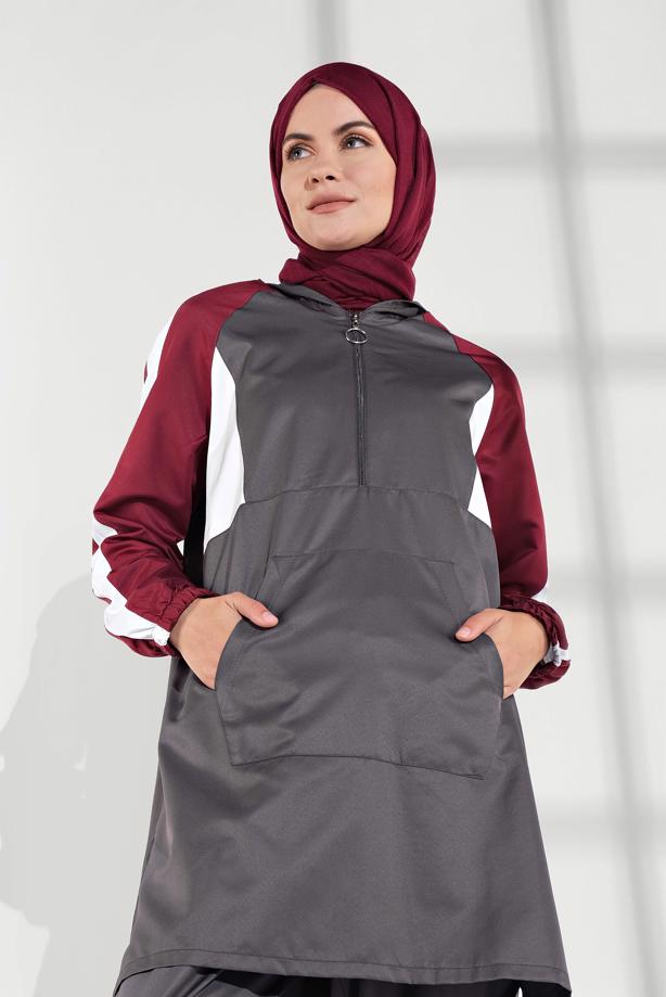 Hijab clothing GREY STRIPPED HOODED TRACKSUIT 8709  - TRENDTESETTÜR