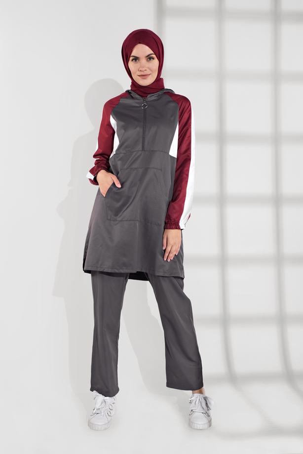 Hijab clothing GREY STRIPPED HOODED TRACKSUIT 8709  - TRENDTESETTÜR