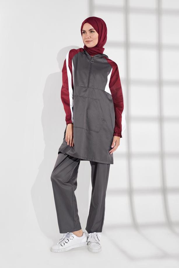Hijab clothing GREY STRIPPED HOODED TRACKSUIT 8709  - TRENDTESETTÜR
