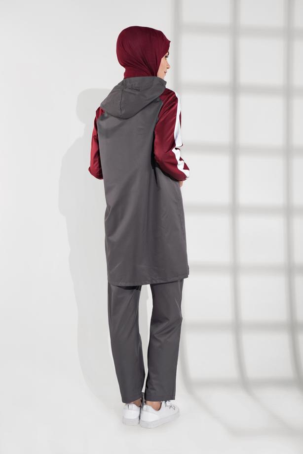 Hijab clothing GREY STRIPPED HOODED TRACKSUIT 8709  - TRENDTESETTÜR