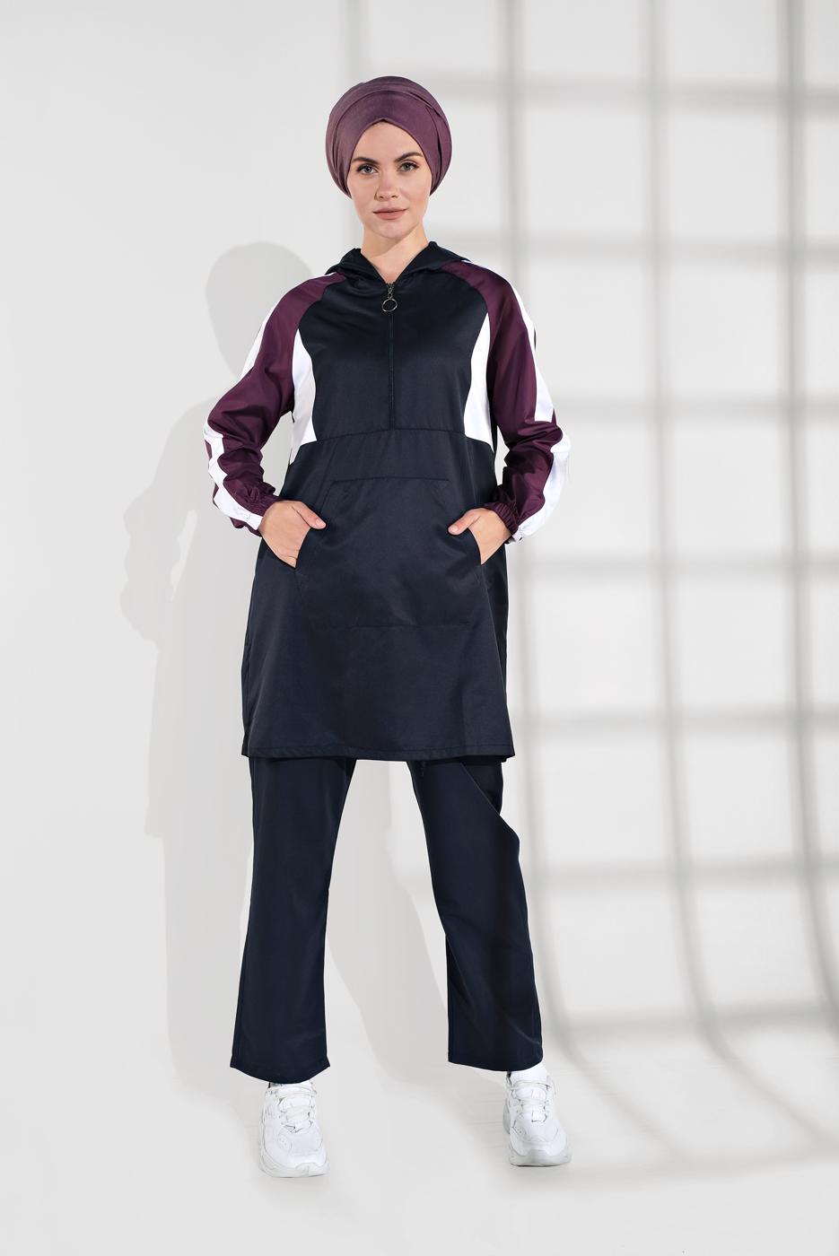 Tesettür giyim LACİVERT ŞERİT DETAYLI KAPÜŞONLU İKİLİ EŞOFMAN TAKIM 8709