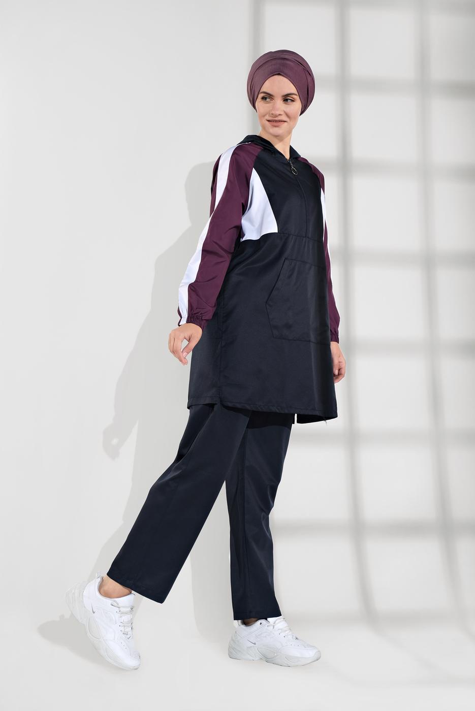 Tesettür giyim LACİVERT ŞERİT DETAYLI KAPÜŞONLU İKİLİ EŞOFMAN TAKIM 8709