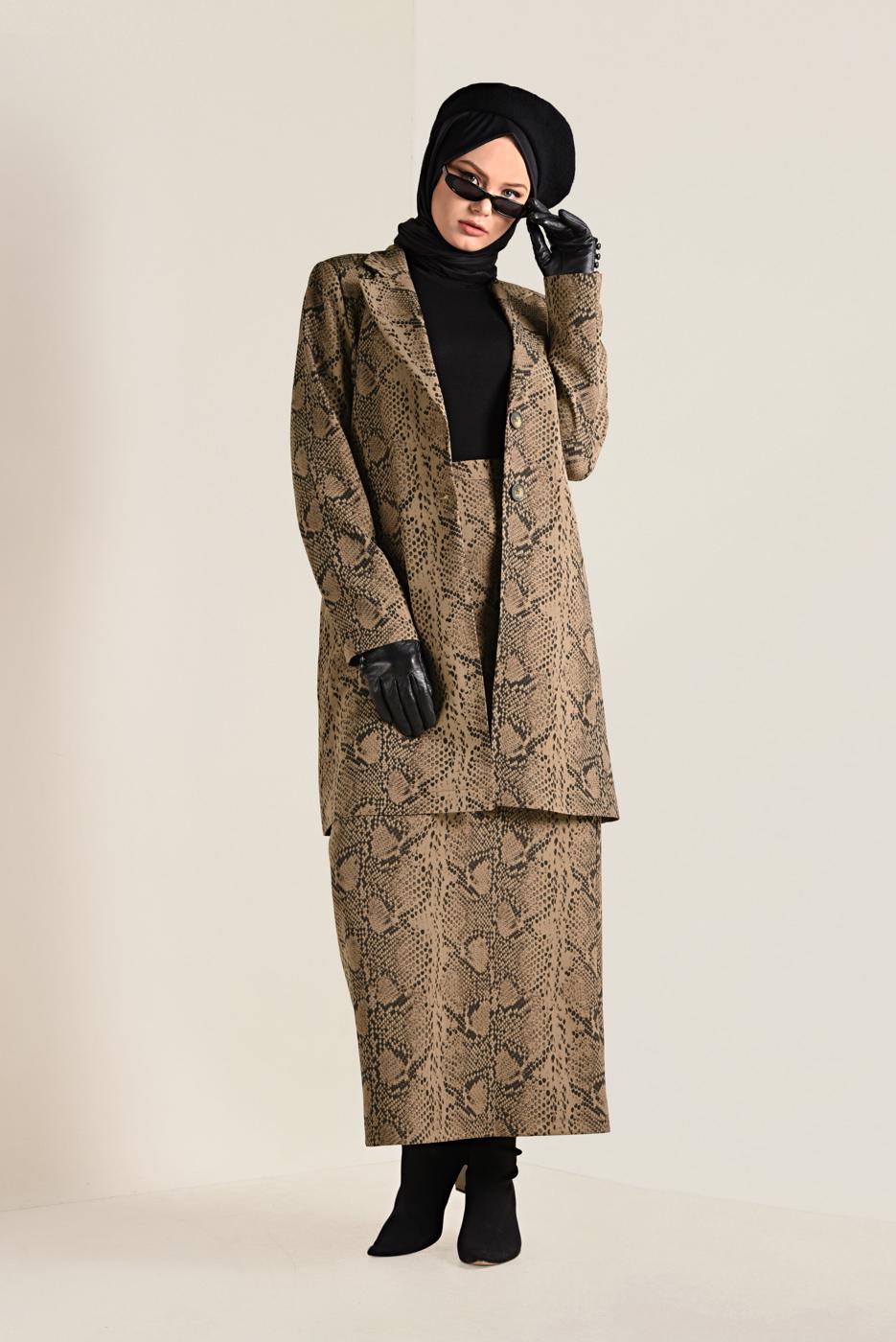 Tesettür giyim KAHVE YILAN DERİSİ DESENLİ KALEM ETEK 6294-1