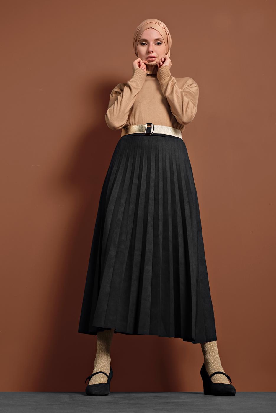 Vêtements hijab NOIR JUPE EN COTON À PLIS 1694 